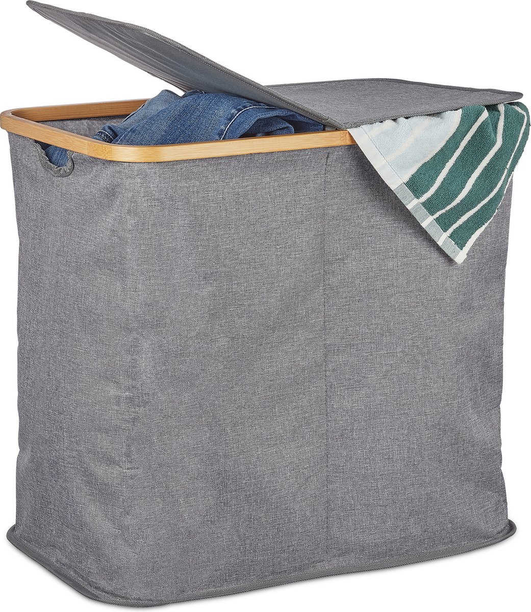 Goedkoopste dubbele wasmand - bamboe - stof - 2 vakken - 74 l - draagbaar - badkamer