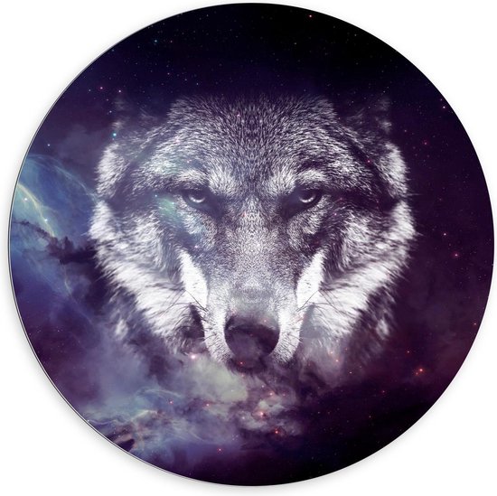 Dibond Wandcirkel - Wolf door Nachthemel - 100x100cm Foto op Aluminium Wandcirkel (met ophangsysteem)
