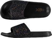 Dames Badslippers | Poolsliders zwart met multi glitters