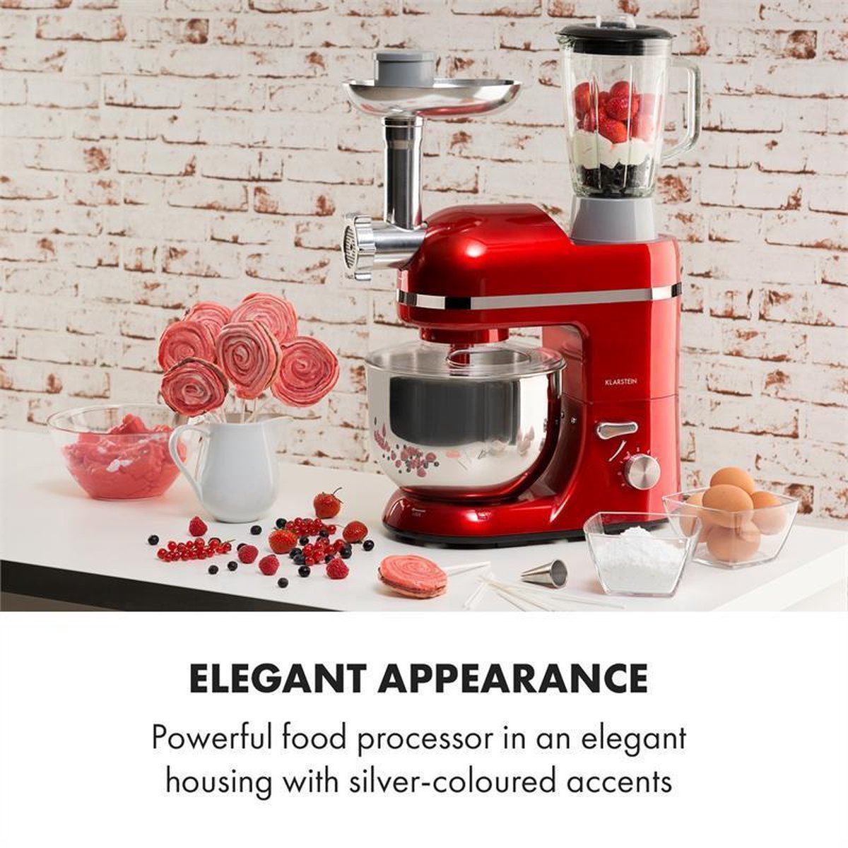 Klarstein staande mixer/foodprocessor met vleesmolen, 1800W, kleine deegmixer, 6 snelheden, garde, meng- en deeghaak, planetaire mengbeweging, staande mixer met blender, foodprocessor met 5L kom — afbeelding 7