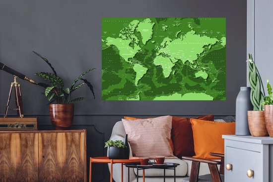 Stickers muraux - Carte du Wereldkaart - Robuste - Vert - 120x80 cm - Film Adhésif