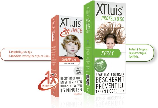 XTluis Liquid Gel en XTluis Protect & Go spray. De sprayfles toont een meisje met wapperend bruin haar.