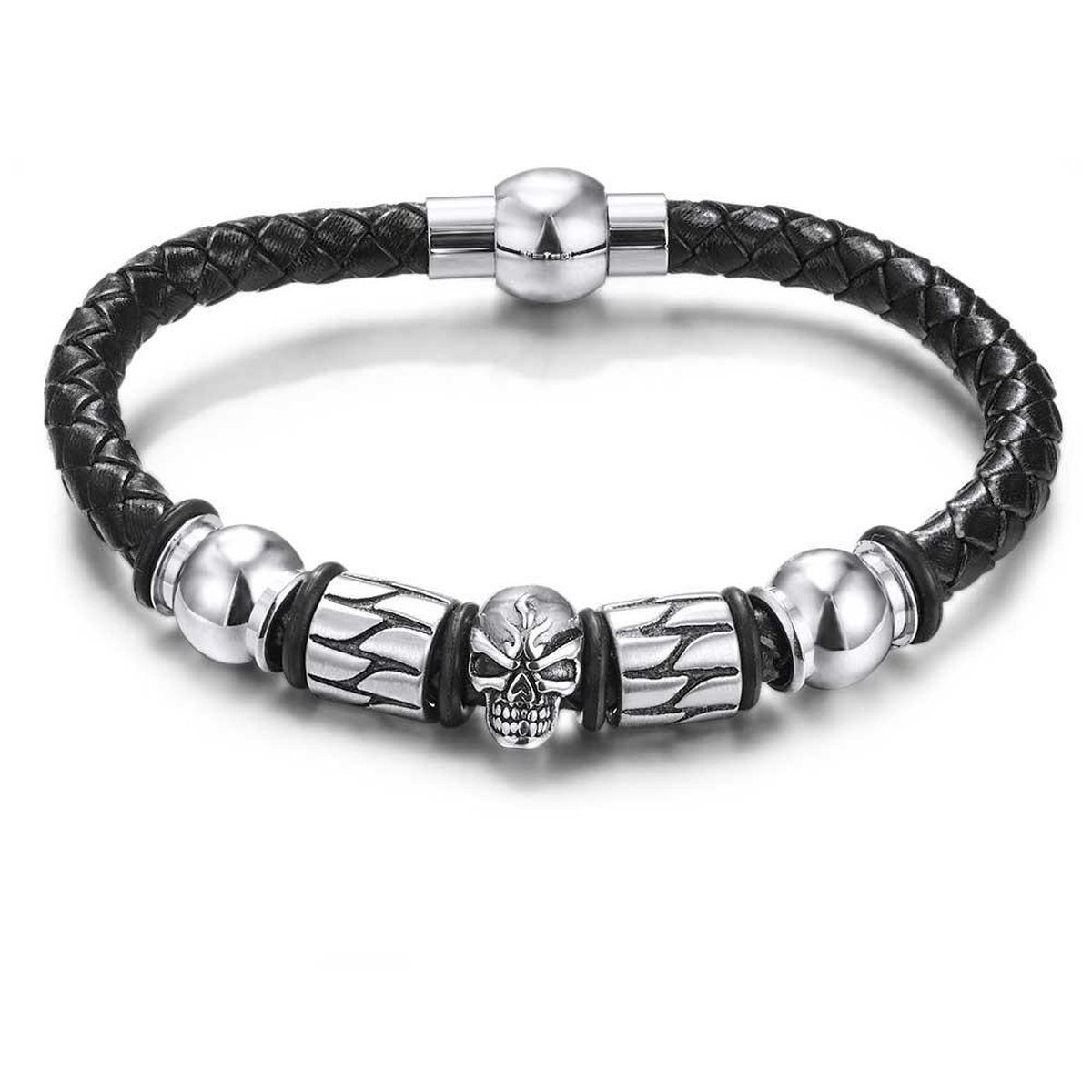 Twice As Nice Armband in edelstaal, zwart gevlochten leder met doodskop 21cm