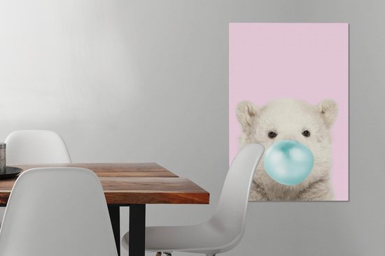 Canvas schilderij kinderen - IJsbeer - Kauwgom - Roze - Blauw - Kinderen - Meisjes - Canvas Meisjes - Muurdecoratie Meiden - Kids - 60x90 cm