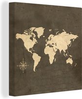 Canvas Wereldkaart - 20x20 - Wanddecoratie wereldkaart - Vintage - Windroos