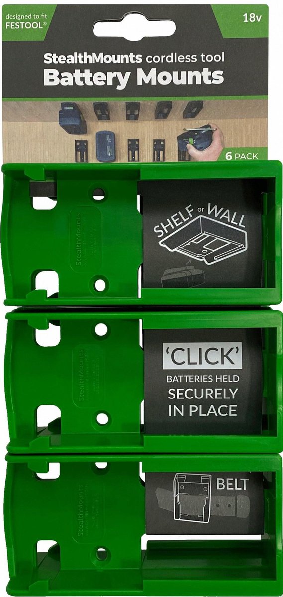 StealthMounts BM-FT18-GRN-6 Accuhouder voor Festool 18V - Groen - 6-pack