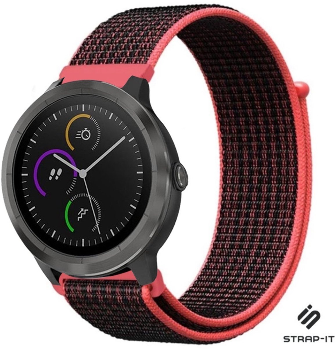 Nylon Smartwatch bandje - Geschikt voor Garmin Vivoactive 4 nylon bandje - 45mm - zwart/koraal - Strap-it Horlogeband / Polsband / Armband