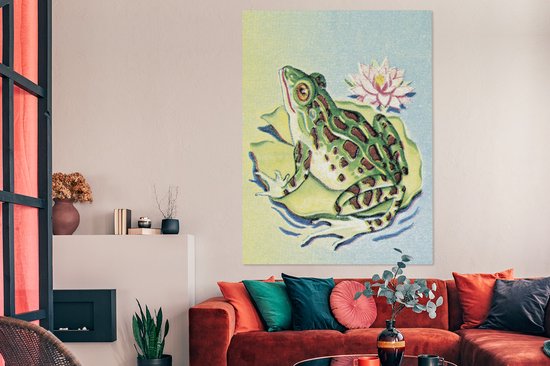 Illustration colorée d'une grenouille sur un lys 120x160 cm - Tirage photo sur toile (Décoration murale salon / chambre) XXL / Groot format!