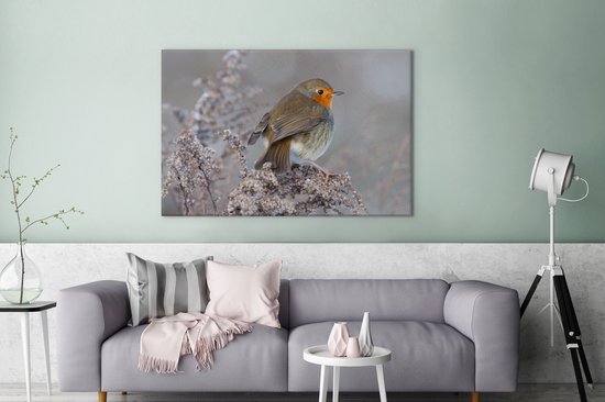 Robin dans un paysage d'hiver 140x90 cm - Tirage photo sur toile (Décoration murale salon / chambre)