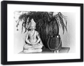 Foto in frame , Boeddha onder een boom  , 120x80cm , Zwart wit , Premium print