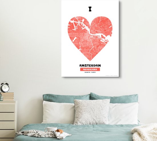 Amsterdam Nederland 52368 ° N / 4899 ° E - toile coeur rouge 120x160 cm - Tirage photo sur toile (Décoration murale salon / chambre) / Villes européennes Peintures sur toile XXL / Groot format!
