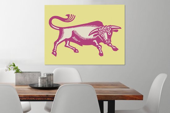 Une illustration d'une toile de taureau rose 80x60 cm - Tirage photo sur toile (Décoration murale salon / chambre) / Peintures sur toile Animaux de la ferme