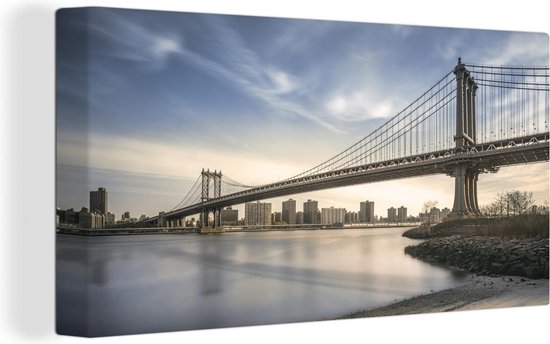 Canvas schilderij 160x80 cm - Wanddecoratie New York - Rivier - Bridge - Muurdecoratie woonkamer - Slaapkamer decoratie - Kamer accessoires - Schilderijen