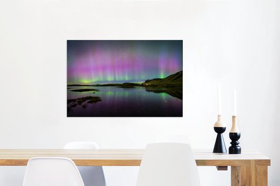Canvas Schilderij Noorderlicht - IJsland - Paars - 90x60 cm - Wanddecoratie