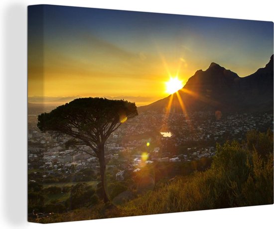 Zonsondergang over Kaapstad in Zuid-Afrika Canvas 140x90 cm - Foto print op Canvas schilderij (Wanddecoratie woonkamer / slaapkamer)