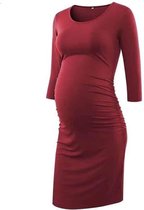 Effen zwangerschapsjurk met lange mouwen en ronde hals (kleur: wijnrood, maat: XL)-Rood