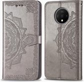 For One Plus 7T Halverwege Mandala Embossing Pattern Horizontale Flip lederen tas met houder & kaartsleuven & portemonnee & fotolijst & lanyard (grijs)