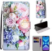 Voor Huawei Honor 8X Gekleurde Tekening Cross Textuur Horizontale Flip PU Lederen Case met Houder & Kaartsleuven & Portemonnee & Lanyard (Lichtroze Boeket)