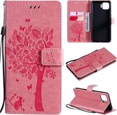 Voor OPPO F17 Pro / Reno4 Lite Tree & Cat Pattern Pressed Printing Horizontale Flip PU lederen tas met houder & kaartsleuven & portemonnee & lanyard (roze)