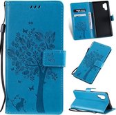 Tree & Cat Pattern Pressed Printing Horizontale Flip PU lederen tas met houder & kaartsleuven & portemonnee & lanyard voor Galaxy Note 10+ / 10 Pro (blauw)