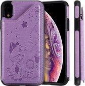 Voor iPhone XR Cat Bee Embossing Pattern Schokbestendige beschermhoes met kaartsleuven en fotolijst (paars)