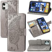 Voor iPhone 12 Pro Max Butterfly Love Flower reliëf horizontale flip lederen tas met beugel / kaartsleuf / portemonnee / lanyard (grijs)