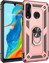 Armor schokbestendige TPU + pc-beschermhoes voor Huawei P30 Lite, met 360 graden rotatiehouder (roségoud)