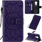 Voor Nokia 7.2 Geperst Afdrukken Zonnebloempatroon Horizontale Flip PU-lederen Case met Houder & Kaartsleuven & Portemonnee & Lanyard (Paars)