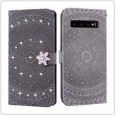 Voor Galaxy S10 Plus Pressed Printing Sticking Drill Pattern Horizontal Flip PU Leather Case met houder & kaartsleuven & portemonnee & & lanyard (grijs)