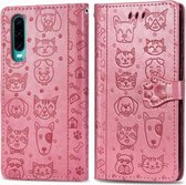 Voor Huawei P30 schattige kat en hond reliëf horizontale flip PU lederen tas met houder / kaartsleuf / portemonnee / lanyard (roze)