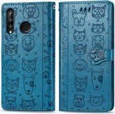 Voor Huawei P30 Lite / Nova 4e Leuke Kat en Hond Reliëf Horizontale Flip PU Lederen Case met Houder / Kaartsleuf / Portemonnee / Lanyard (Blauw)
