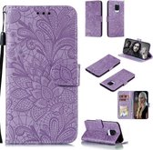 Voor Xiaomi Redmi Note 9S Lace Flower Embossing Pattern Horizontale flip lederen tas, met houder & kaartsleuven & portemonnee & fotolijst & lanyard (paars)