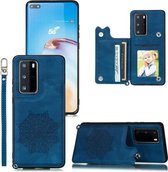 Voor Huawei P40 Pro + Mandala reliëf PU + TPU-hoesje met houder & kaartsleuven & fotolijst & riem (blauw)