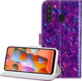 Voor Galaxy A21 Laser Glitter Stiksels Krokodil Textuur Horizontale Flip Leren Case met Sleuven & Beugel (Paars)