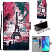 Voor Motorola Moto G Stylus (2020) Gekleurde tekening Cross Texture Horizontale Flip PU lederen hoes met houder & kaartsleuven & portemonnee & lanyard (Pink Flower Tower Bridge)