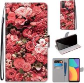 Voor Alcatel 1S (2021) Gekleurde Tekening Cross Textuur Horizontale Flip PU Leren Case met Houder & Kaartsleuven & Portemonnee & Lanyard (Pink Rose Garden)