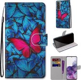 Voor Samsung Galaxy S21 + 5G Gekleurde tekening Cross Texture Horizontale Flip PU lederen tas met houder & kaartsleuven & portemonnee & lanyard (grote rode vlinder op blauw)