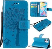 Voor iPhone 12 mini Tree & Cat Reliëfpatroon Horizontale Flip Leren Case met Houder & Kaartsleuven & Portemonnee & Lanyard (Blauw)