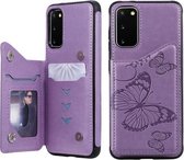 Voor Galaxy S20 Butterfly Embossing Pattern Schokbestendige beschermhoes met houder & kaartsleuven & fotolijst (paars)