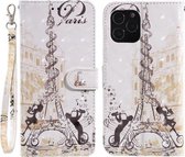 Voor iPhone 12/12 Pro 3D-schilderijpatroon Gekleurde tekening Horizontale flip PU-lederen hoes met houder & kaartsleuven en portemonnee (Eiffeltorenpaar)