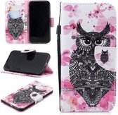 Voor iPhone XR Gekleurd tekeningpatroon Horizontaal Flip TPU + PU lederen tas met houder & kaartsleuven & portemonnee & lanyard (uil)