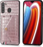 Voor Galaxy A21 Krokodilpatroon PU + TPU + PVC Breukvast gsm-hoesje met magnetische onzichtbare houder & houder & kaartsleuven (roségoud)