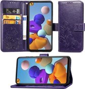 Voor Samsung Galaxy A21s Lucky Clover Pressed Flowers Pattern Leather Case met houder & kaartsleuven & portemonnee & draagriem (paars)