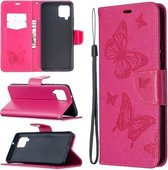 Voor Samsung Galaxy A42 5G Embossing Two Butterflies Pattern Horizontale Flip PU Leather Case met Houder & Card Slot & Wallet & Lanyard (Rose Red)