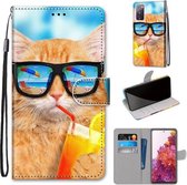 Voor Samsung Galaxy S20 FE 5G Gekleurde Tekening Cross Textuur Horizontale Flip PU Lederen Case met Houder & Kaartsleuven & Portemonnee & Lanyard (Kat Drinken Soda)
