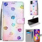 Voor Samsung Galaxy M31s Gekleurde Tekening Cross Textuur Horizontale Flip PU Lederen Case met Houder & Kaartsleuven & Portemonnee & Lanyard (Voetafdruk Waterdruppels)