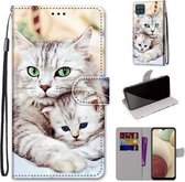 Voor Samsung Galaxy A12 / M12 Gekleurde tekening Cross Texture Horizontale Flip PU lederen tas met houder & kaartsleuven & portemonnee & lanyard (Big Cat Holding Kitten)