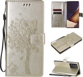 Voor Samsung Galaxy Note20 Ultra Tree & Cat Pattern Pressed Printing Horizontale Flip PU Leather Case met houder & kaartsleuven & portemonnee & Lanyard (goud)