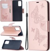 Voor Samsung Galaxy Note20 Embossing Two Butterflies Pattern Horizontale Flip PU Leather Case met Houder & Card Slot & Portemonnee & Lanyard (Rose Gold)