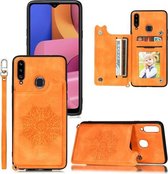 Voor Samsung Galaxy A20s Mandala reliëf PU + TPU hoesje met houder & kaartsleuven & fotolijst & riem (geel)